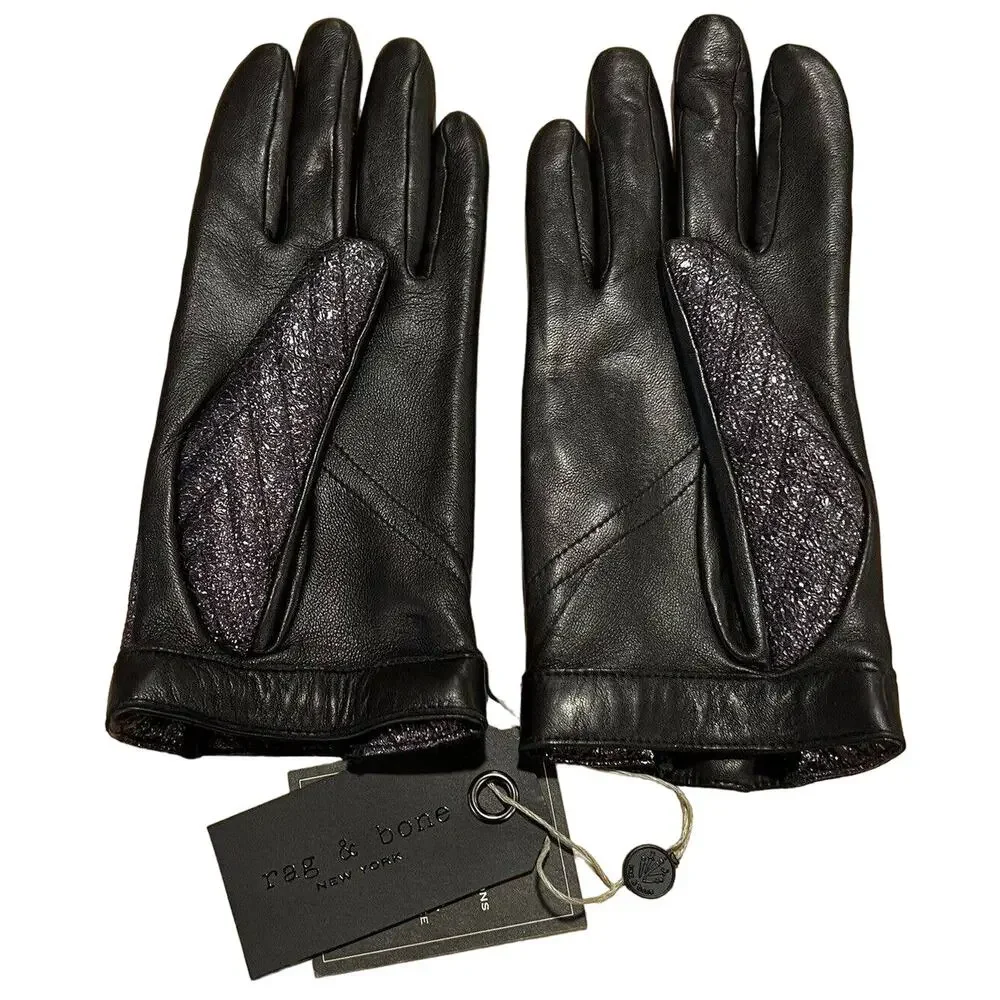 Rag & Bone Gloves Lamb Leather Black Chevron Quilted Driving Size 7.5 NWT